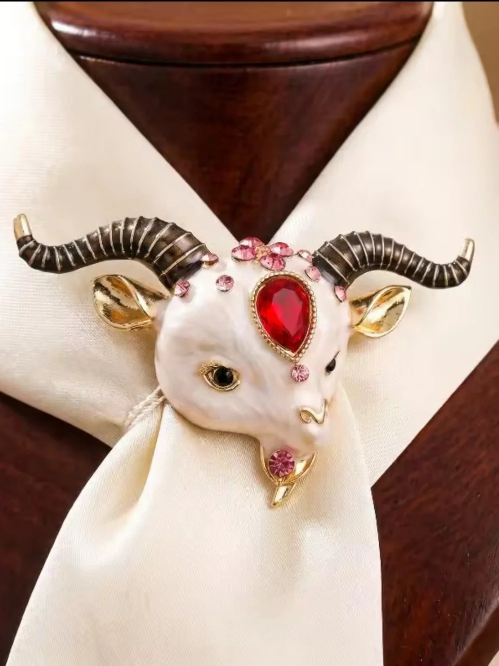 Ram Head Ruby Red Crystal Gold Brooch
